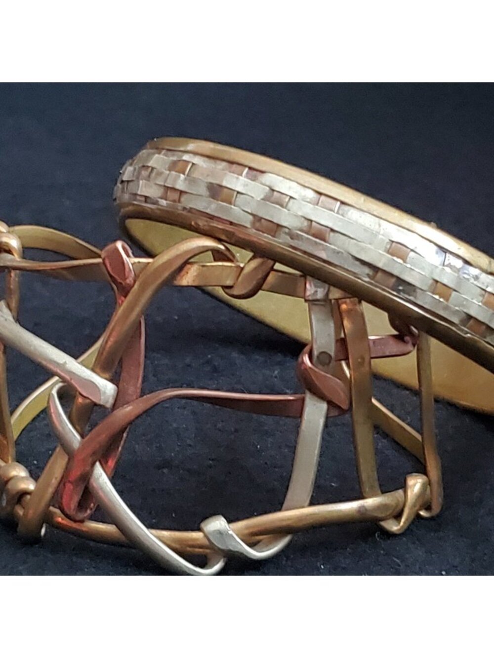 Vintage Bangle Cuff Bracelet Tri Tone Metal Brutalist Geometric Lot of 2 7-8"